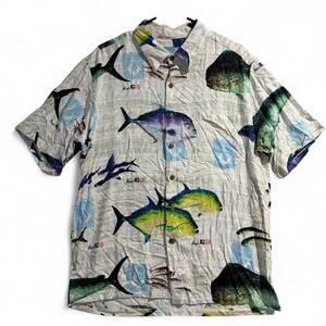 Kai Clothing Hawaii Rayon Fish Hawaiian Shirt Mens Large Mahi Mahi Tuna Graphic